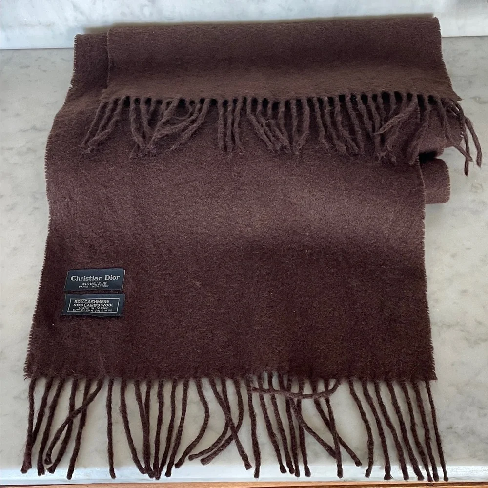 CHRISTIAN DIOR Cashmere Wool Blend Muffler Scarf in Deep Brown Vintage